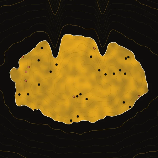A gold lake drawn in contours, with fishing boats scattered across it.