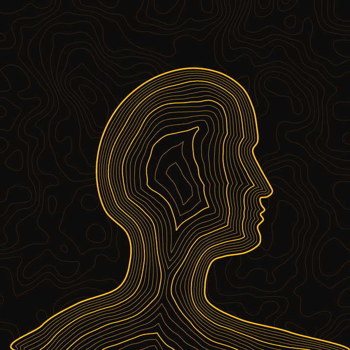 A profile of a head and shoulders drawn as gold topographic contour lines on black.